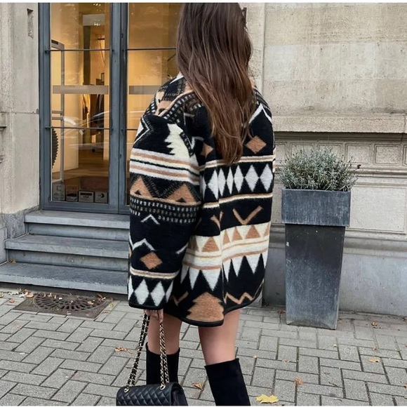 Aztec Black Pattern Geometric Tribal Bohemian Button Lined Jacket Coat Coat - Picture 8 of 9